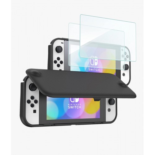 ProCase Flip Cover for Nintendo Switch OLED Model 2021 with 2 Screen Protectors, Switch OLED Protective Case with Magnetically Detachable Front Shell -Black 